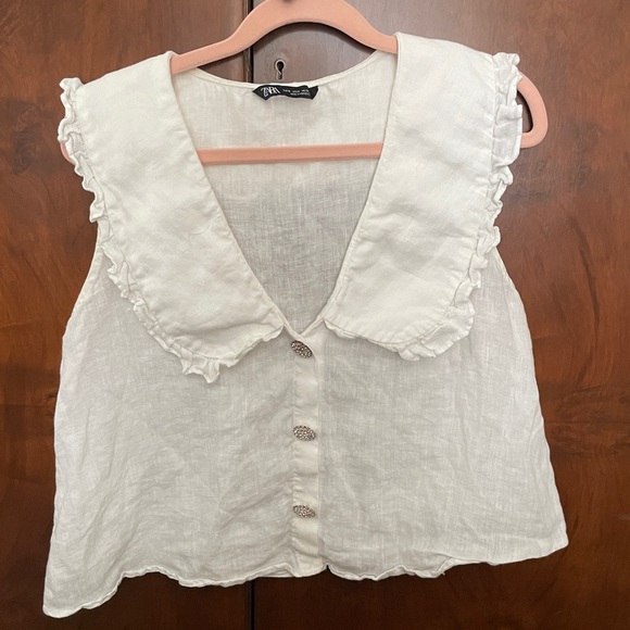 ZARA linen crop blouse w rhinestone buttons - Picture 2 of 6